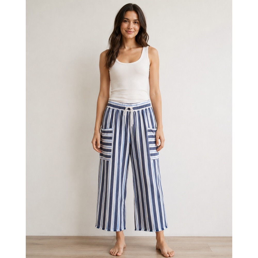Indigo Rein Striped Wide Leg Pants L Blue White Cargo Pocket Raw Hem Drawstring